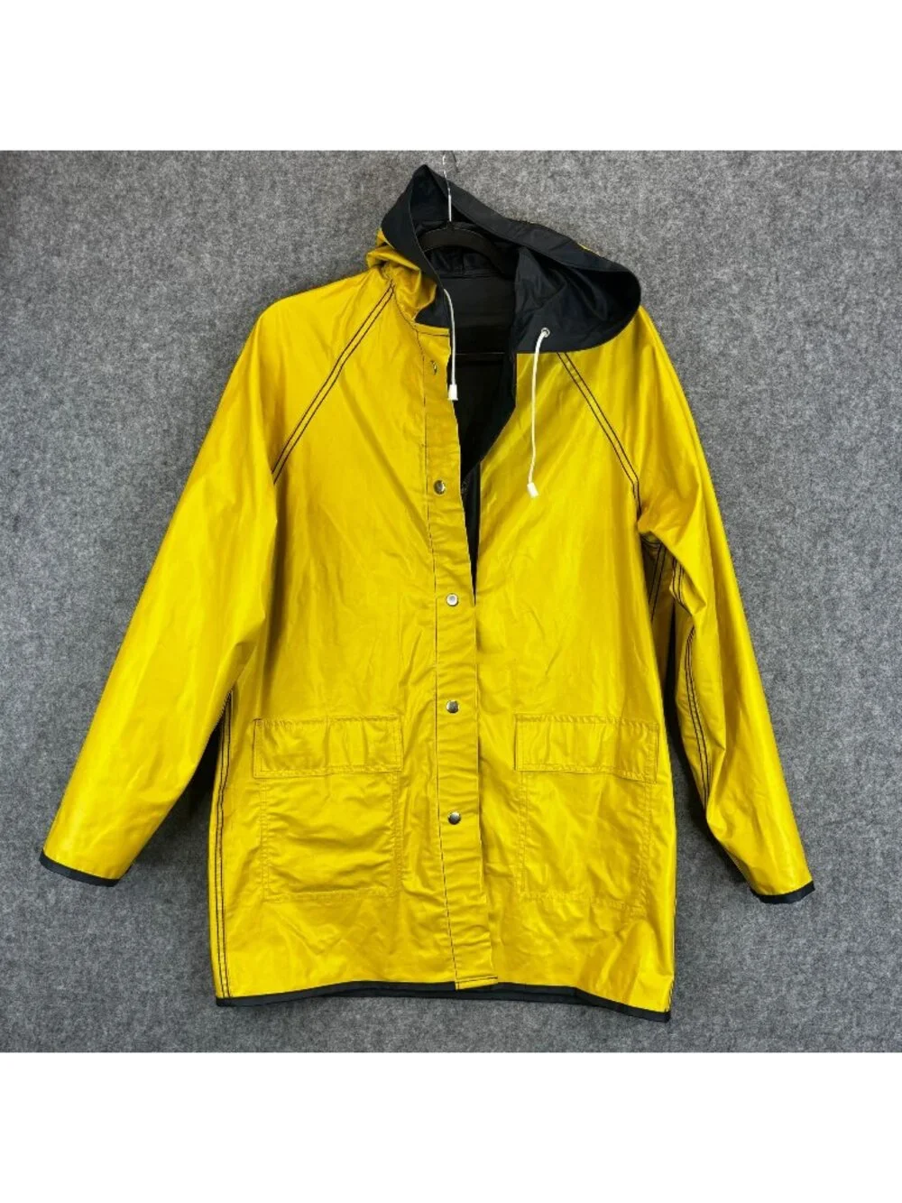 Izod Lacoste Womens Large Rain Coat Jacket Reversible Yellow Blue Hooded Slicker